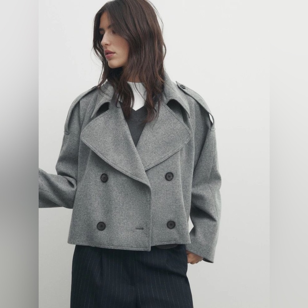 MASSIMO DUTTI WOOL FLANNEL DOUBLE BREASTED CROPPED TRENCH COAT NEUTRAL Gray M